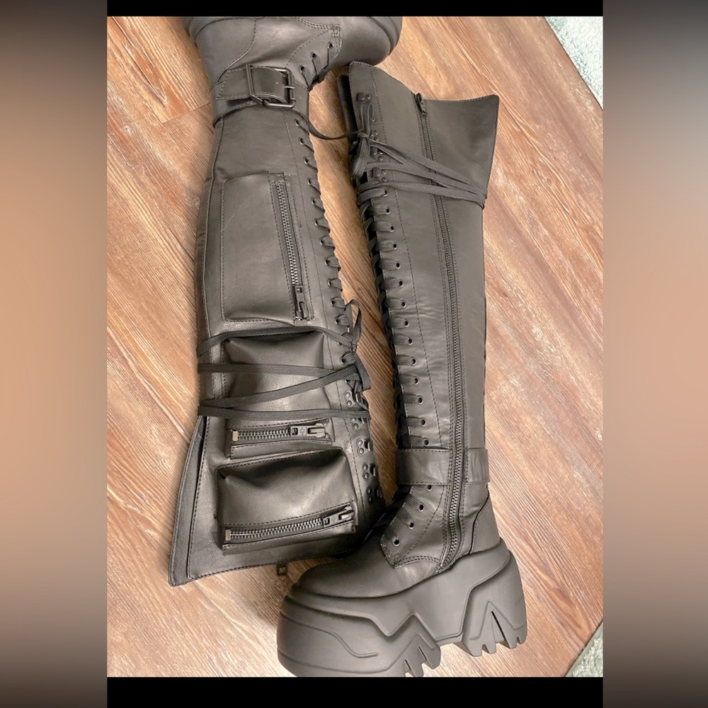 Platform Over-the-Knee Lace-Up Boots in Black